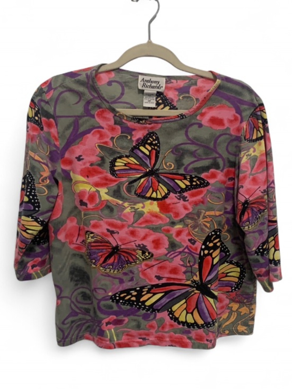 Y2K Anthony Richards Pink, Gray & Purple Butterfly Print Grandma Top